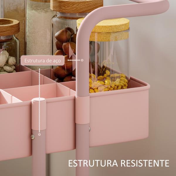 Carrinho de Cozinha Carrinho de Armazenamento com 4 Ganchos 3 Cestas Removíveis 3 Caixas Suspensas 42x38x86,5 cm Rosa