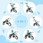 Triciclo Evolutivo para Bebés de +12 Meses 2 em 1 com Toldo Dobrável Guiador Cinto de Segurança e Cesto 95x50x106 cm Verde Mint