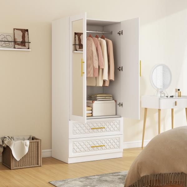 Roupeiro com Espelho 2 Portas e 2 Gavetas Relevo de Diamante Barra para Pendurar Estilo Moderno 80x50x180 cm Branco