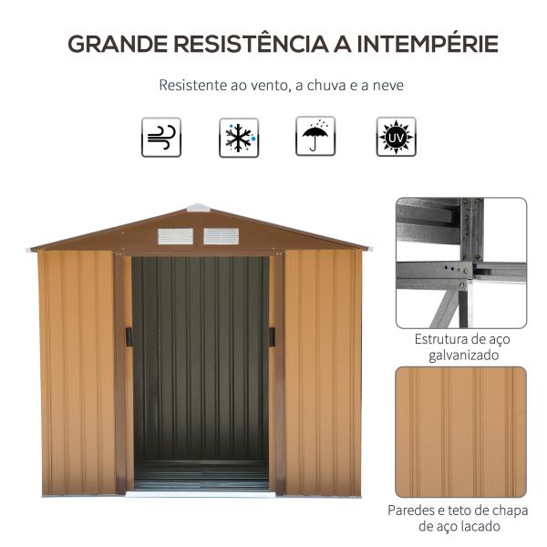 Abrigo de Jardim 213x130x185cm Abrigo de Jardim Metálico de Exterior com 2 Portas Deslizantes e 4 Janelas Marrom Claro