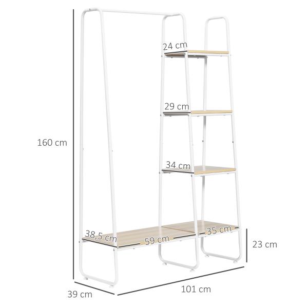 Suporte para Cabides com 4 Prateleiras de Armazenamento e Barra de Pendurar Estilo Industrial 101x39x160cm Madeira e Branco