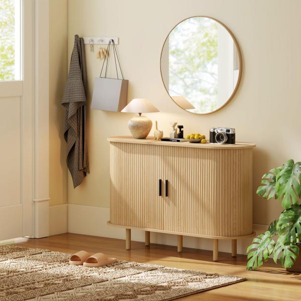 Aparador com Portas Tambor Deslizantes Design Moderno para Sala de Estar com 4 Compartimentos e Pés de Madeira 120x40x78 cm Carvalho