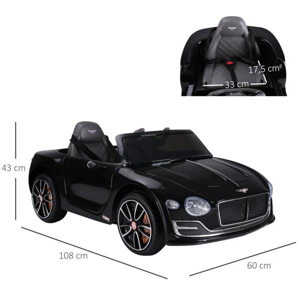 Bentley GT elétrico licenciado para crianças de 3 - 5 anos 2 velocidades com controle remoto farois musica preto