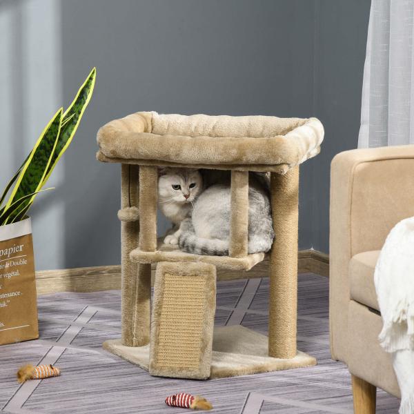 Árvore Arranhador para Gatos Pequenos Arranhador para Gatos com Poste de Juta Rampa Caverna e Bola Suspensa 40x40x57 cm Areia