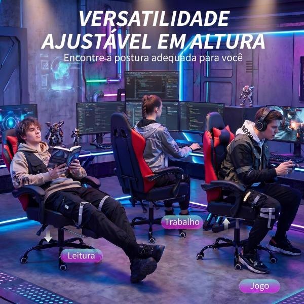 Cadeira Gamer com Massagem Lombar Vibratória Reclinável 155° Altura Ajustável Apoio de Cabeça e Apoio para os Pés Retrátil Vermelho