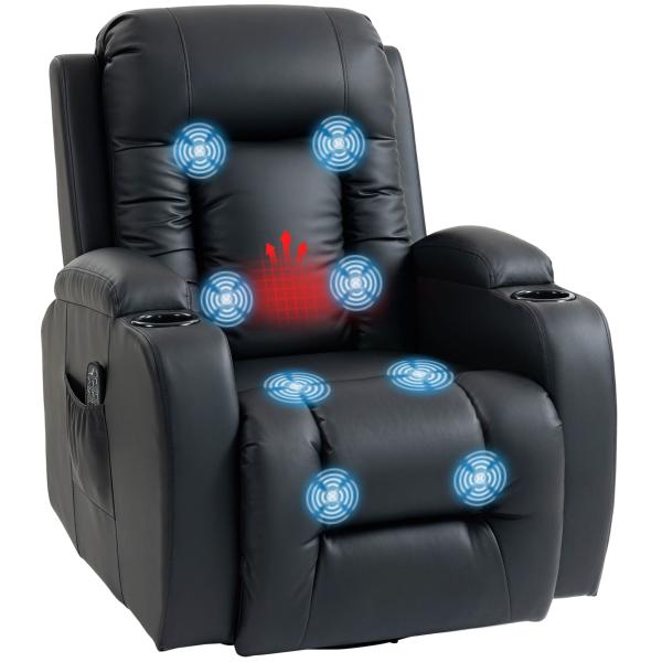Poltrona de Massagem Reclinável até 145° com 8 Pontos de Massagem por Vibração Função de Aquecimento 82x99x103 cm Preto