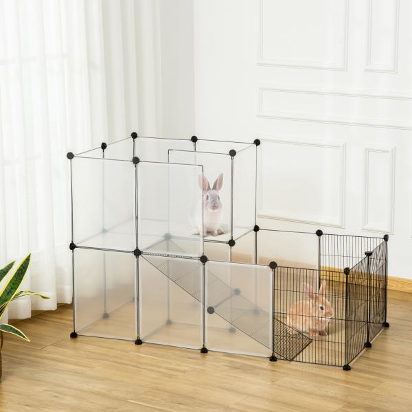 Recinto para Animais de Estimação Pequenos DIY com 21 Painéis de Resina e 6 Painéis de Arame 140x70x90cm Transparente e Preto