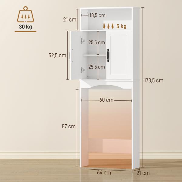 Armário sobre a Sanita, Móvel de Casa de Banho com 2 Portas de Fecho Suave e Prateleira Aberta, 64 x 21 x 173,5 cm, Branco