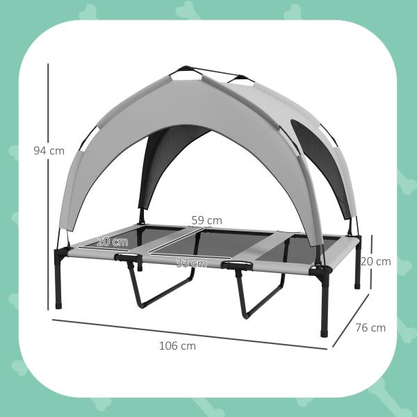 Cama Elevada para Cães com Toldo Estrutura de Aço e Bolsa de Transporte para Interior e Exterior 106x76x94 cm Cinzento Claro