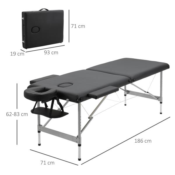 Marquesa de Massagem Dobrável com Altura Regulável em 7 Níveis, Apoio de Cabeça e Braços, 185x70x58 - 82 cm, Preto