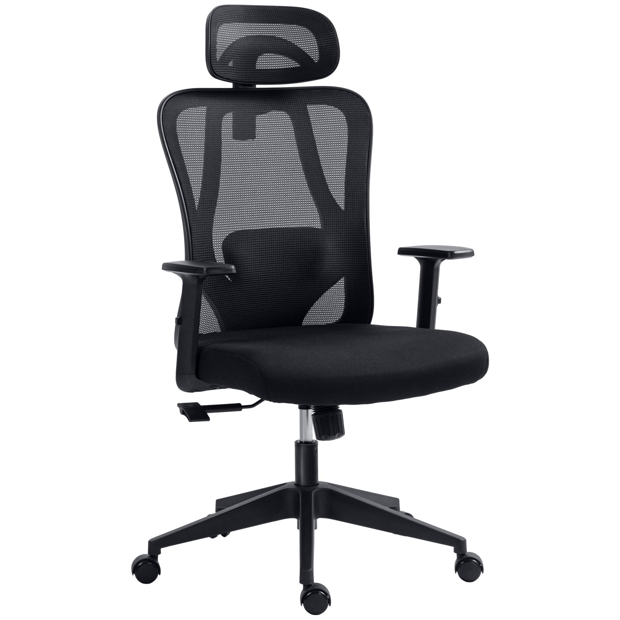 Cadeira de Escritório com Apoio para os Braços 2D Cadeira de Escritório com Altura Ajustável Apoio para a Cabeça Suporte Lombar Alto 67x64x117 - 127cm Preto