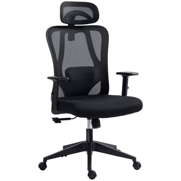 Cadeira de Escritório com Apoio para os Braços 2D Cadeira de Escritório com Altura Ajustável Apoio para a Cabeça Suporte Lombar Alto 67x64x117 - 127cm Preto