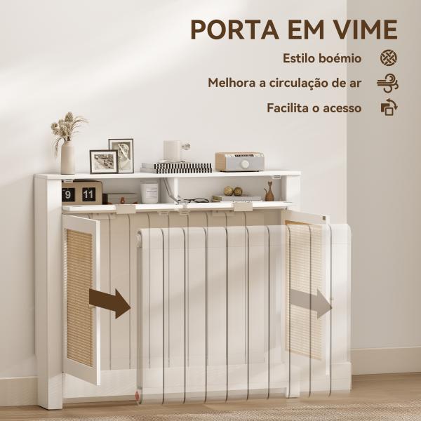 Cobertura para Radiador com Portas Rebatíveis e Vime Proteção Radiador de MDF 111x19x95,5 cm com Compartimento Desenho Boémio Branco