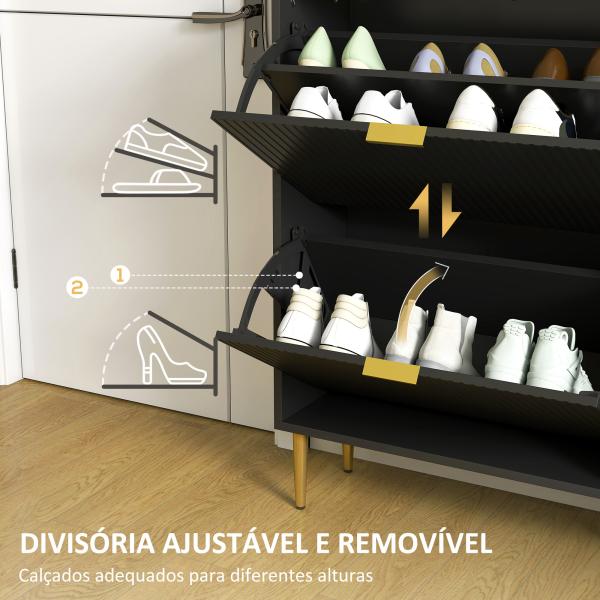 Sapateira Estreita com 2 Portas Caneladas e Prateleiras Ajustáveis para 12 Pares de Sapatos, 60x24x91,5 cm, Preto