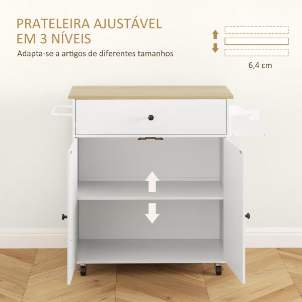 Ilha de Cozinha com Rodas com Lateral Dobrável Gaveta Suporte para Temperos e Prateleira Ajustável 106x42x87 cm Branco e Carvalho