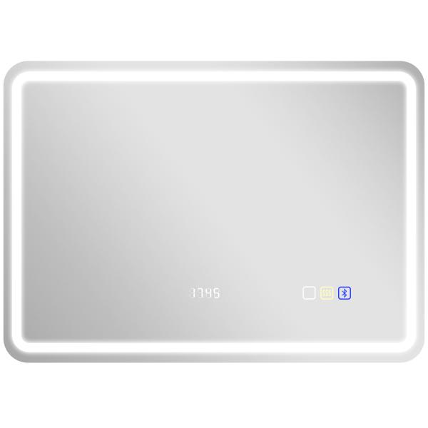 Espelho de Casa de Banho com Luz LED 70x50 cm Bluetooth 3 Cores de Luz Relógio Digital Função Antiembaciamento Memória Prata