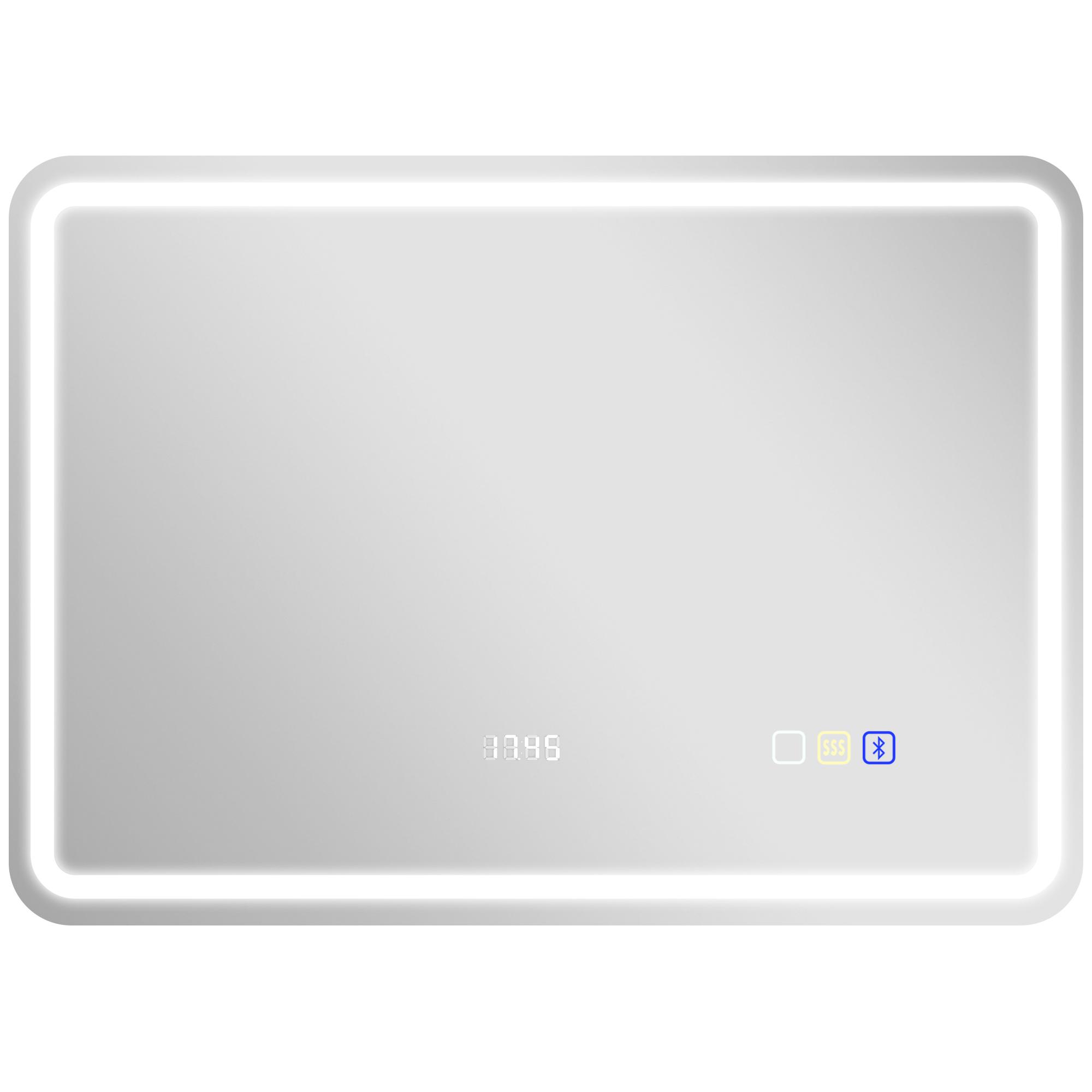 Espelho de Casa de Banho com Luz LED 70x50 cm Bluetooth 3 Cores de Luz Relógio Digital Função Antiembaciamento Memória Prata