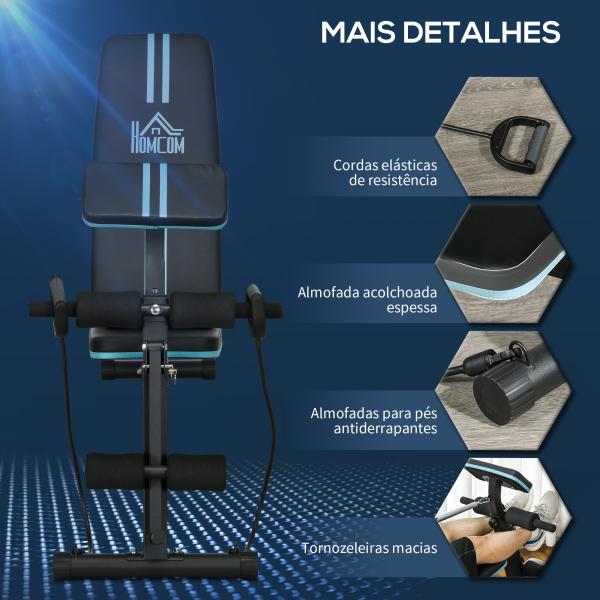 Banco de Musculação com Encosto Ajustável em 7 Posições Extensão de Pernas e Banda de Resistência 54x160x106cm Preto e Azul