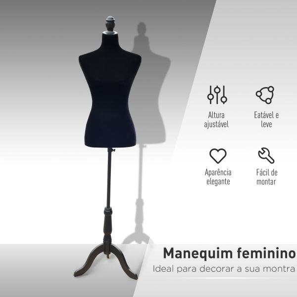 Manequim de Costura Feminino Manequim de Costura Ajustável a 130 - 168 cm com Tripé de Madeira Preto