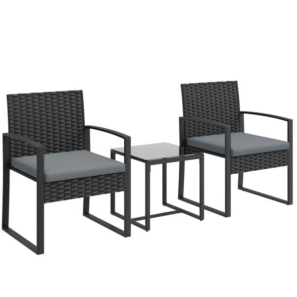 Conjunto de Móveis de Exterior de 3 Peças em Vime PE com Cadeiras Mesa de Vidro Temperado e Almofadas Cinza Claro