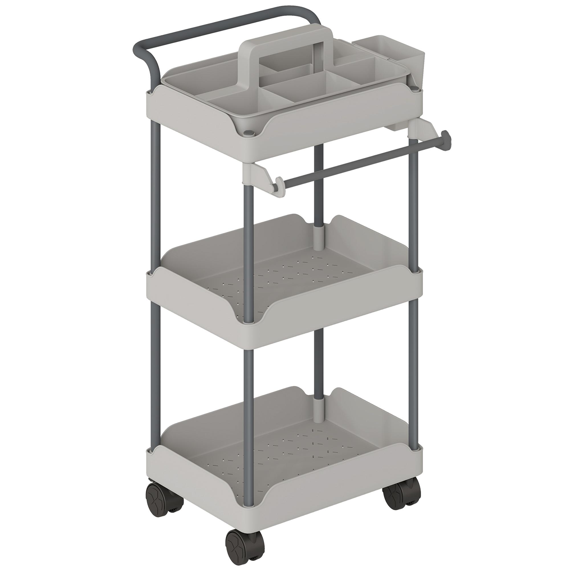 Carrinho Auxiliar com Rodas de 3 Níveis com Cestos Extraíveis Suporte para Toalhas e Estrutura de Metal 42x42,5x76 cm Cinza