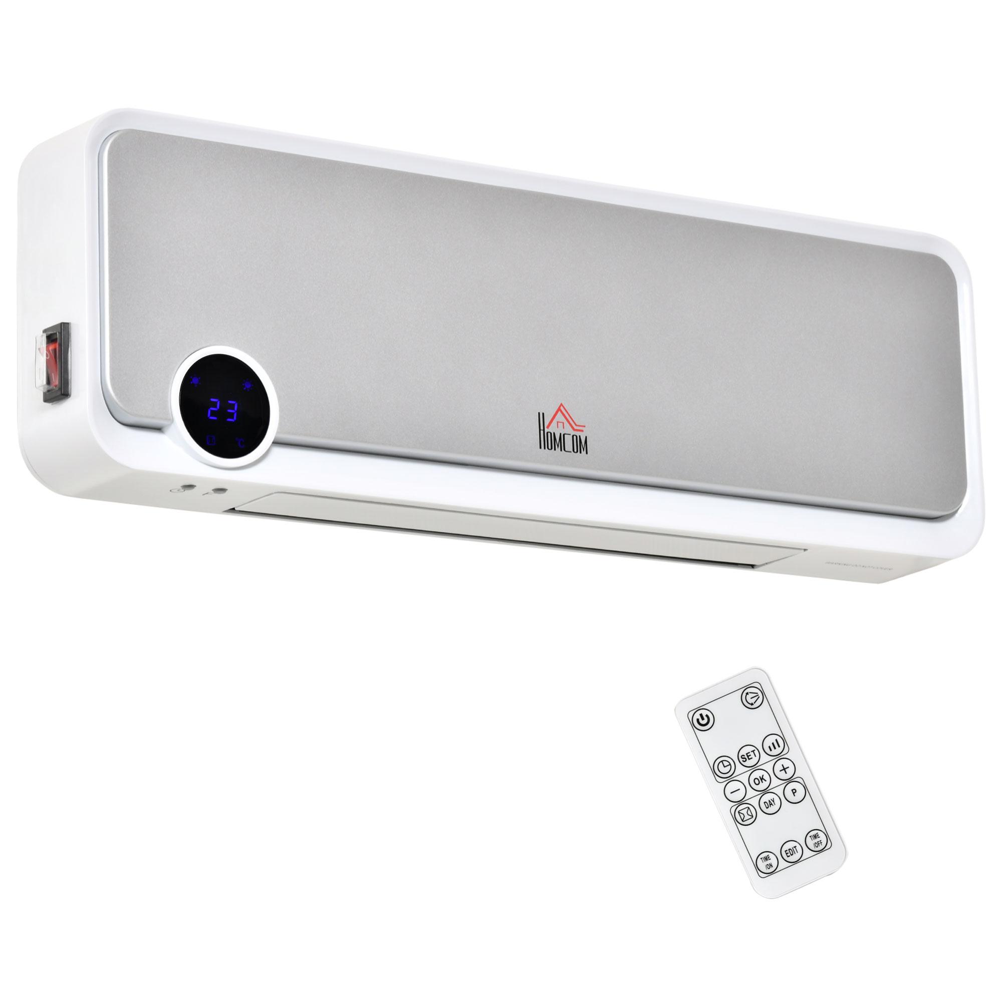 Aquecedor Cerâmico de Parede 1000W/2000W com Controle Remoto Tela LED Temporizador de 12h Termostato e Proteção contra Superaquecimento 56x18,5x11,7cm Branco