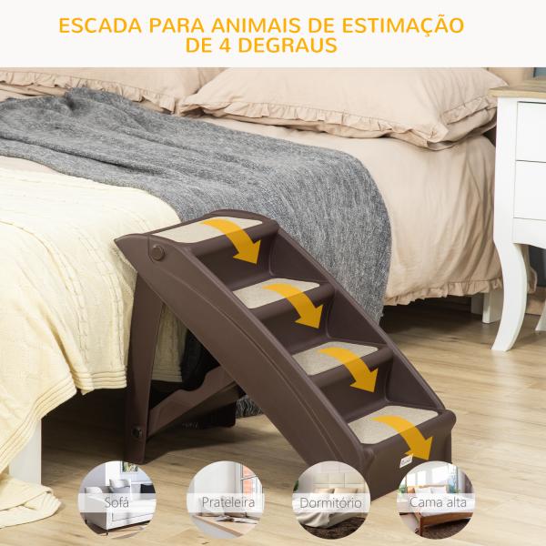 Escada Dobrável para Animais de Estimação de 4 Degraus Portátil com Tapetes Antiderrapantes 62x38x49,5cm Marrom Escuro