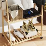 Charriot de Bambu para Roupa Charriot para Roupa com Rodas 2 Prateleiras Abertas e 2 Ganchos 84,5x43,5x158 cm Madeira