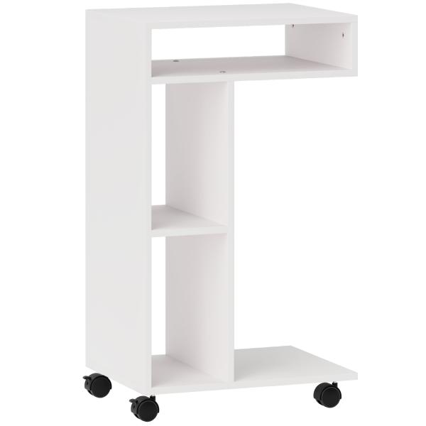 Mesa Auxiliar em Forma de C Mesa Auxiliar para Sofá com Rodas Compartimentos Abertos 40x30x69 cm Branco