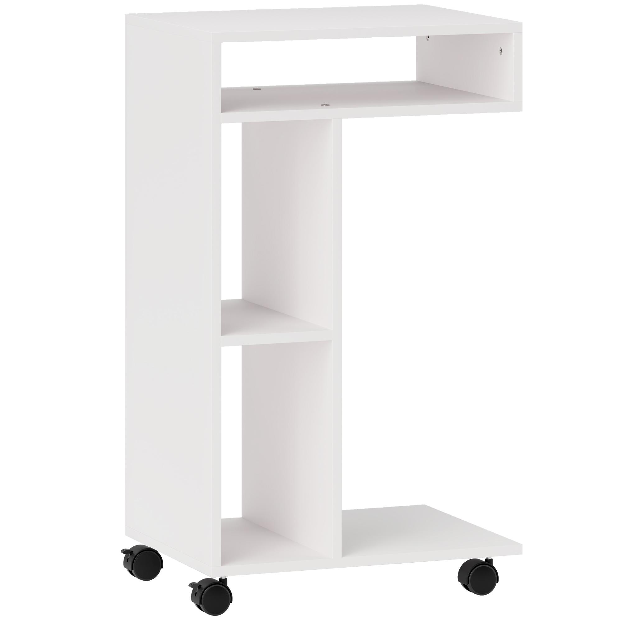 Mesa Auxiliar em Forma de C Mesa Auxiliar para Sofá com Rodas Compartimentos Abertos 40x30x69 cm Branco