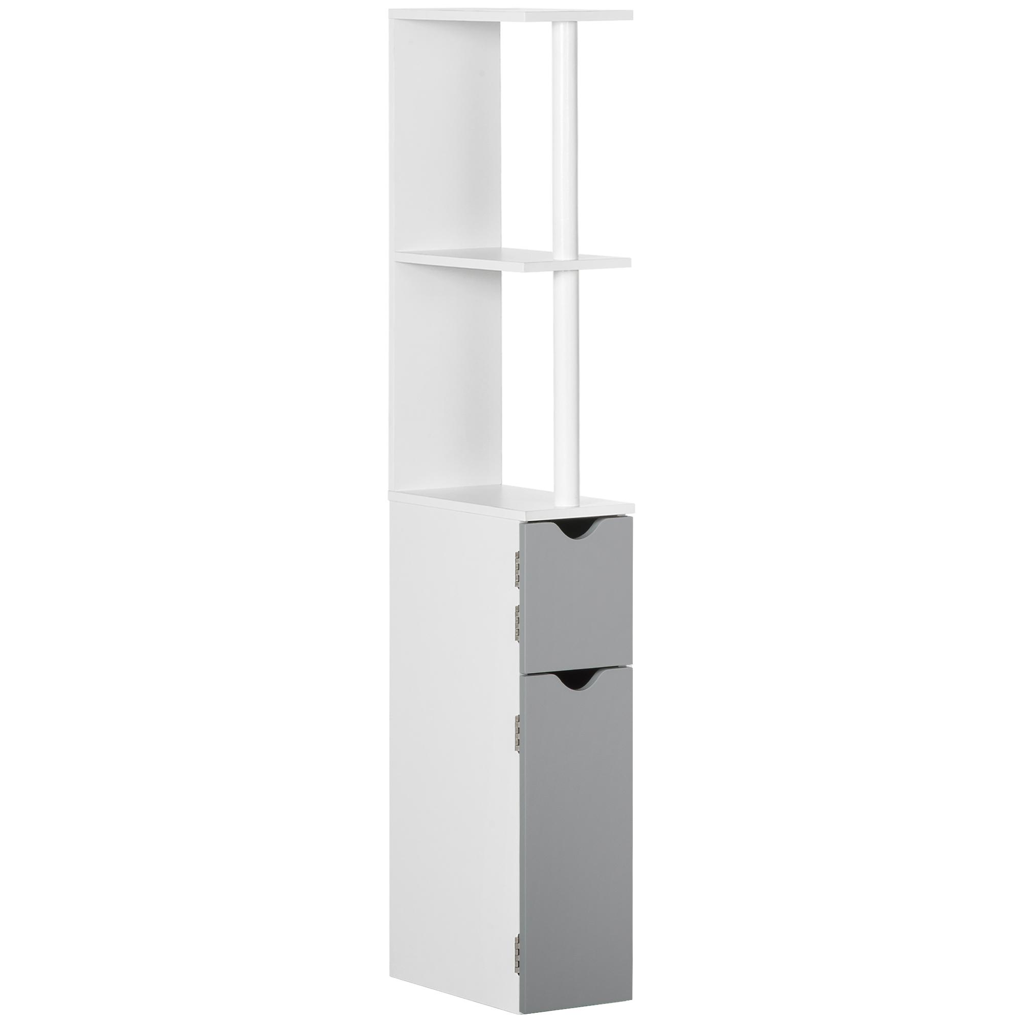 Coluna Casa de Banho com 2 Portas e 2 Prateleiras Abertas Estilo Moderno 15,2x29,8x118cm Branco e Cinza