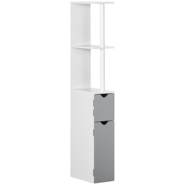 Coluna Casa de Banho com 2 Portas e 2 Prateleiras Abertas Estilo Moderno 15,2x29,8x118cm Branco e Cinza