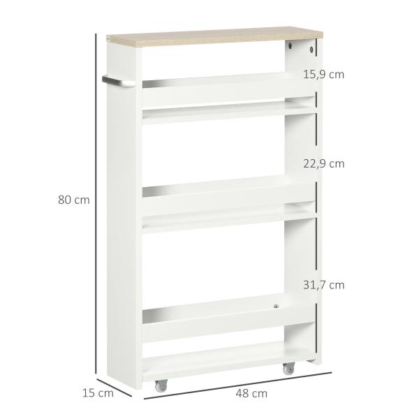 Estante de Armazenamento Casa de Banho de 3 Níveis Estante Estreita com Alça Lateral Estante com Rodas 48x15x80cm Branco