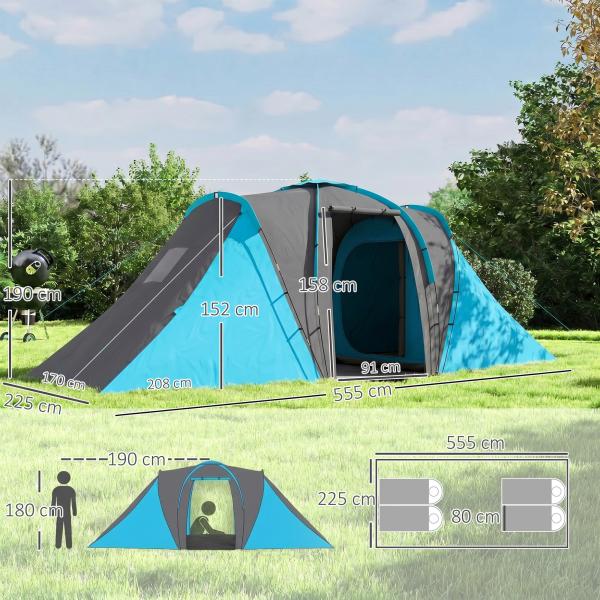 Tenda de Campismo Familiar para 4 - 6 Pessoas com 2 Dormitórios Impermeável 3000 mm com Bolsa 555x225x190 cm Cinza e Azul