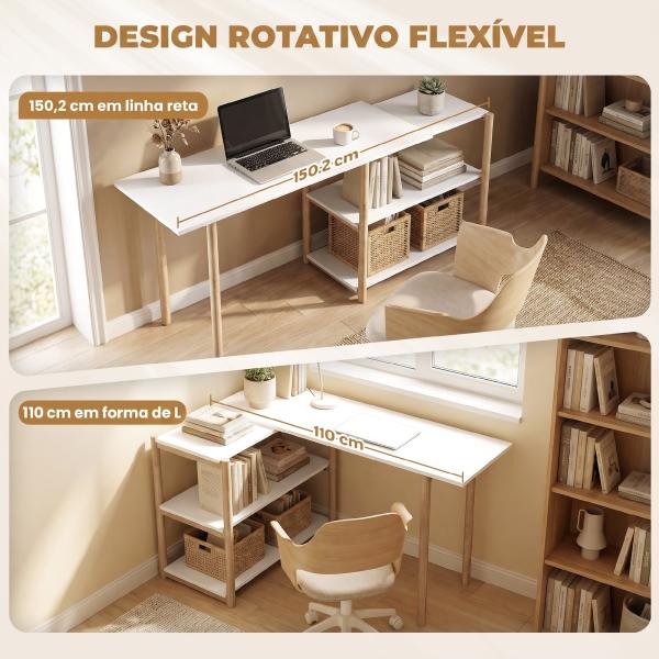 Secretária de Canto Dobrável em L 150 cm com Prateleiras e Estrutura em Bambu para Quarto e Estúdio, Branco