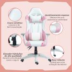 Cadeira Gaming Reclinável com Almofada Lombar Apoio de Cabeça Basculante e Altura Ajustável 67x60x120 - 128 cm Branco e Rosa