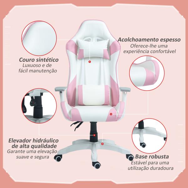 Cadeira Gaming Reclinável com Almofada Lombar Apoio de Cabeça Basculante e Altura Ajustável 67x60x120 - 128 cm Branco e Rosa