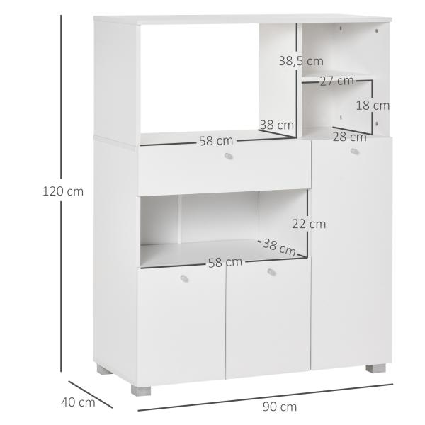 Aparador Auxiliar para Microondas Buffet de Cozinha com 2 Armários com Portas 1 Gaveta e Prateleiras de Armazenamento 90x40x120cm Branco