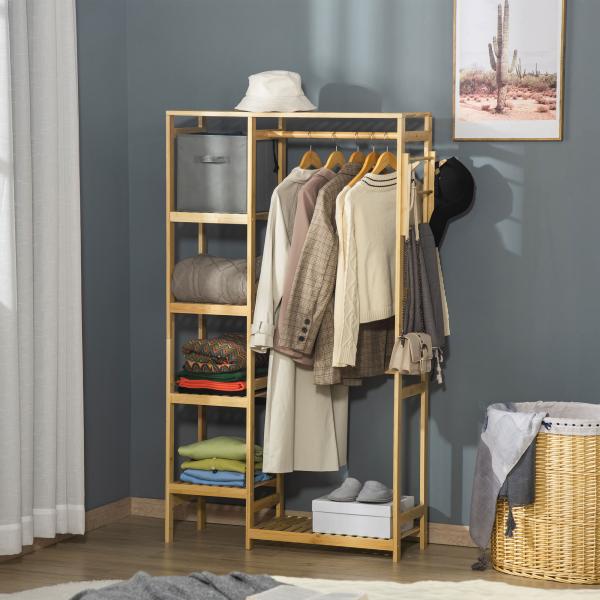 Suporte para Cabides de Bambu Cabideiro com Prateleiras de 4 Níveis com Barra Prateleira Inferior e Cabide Lateral 90x30x155cm Madeira