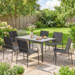 Conjunto de Mesa e Cadeiras de Jardim de 7 Peças com Mesa com Efeito Madeira e 6 Cadeiras com Assento Respirável Preto