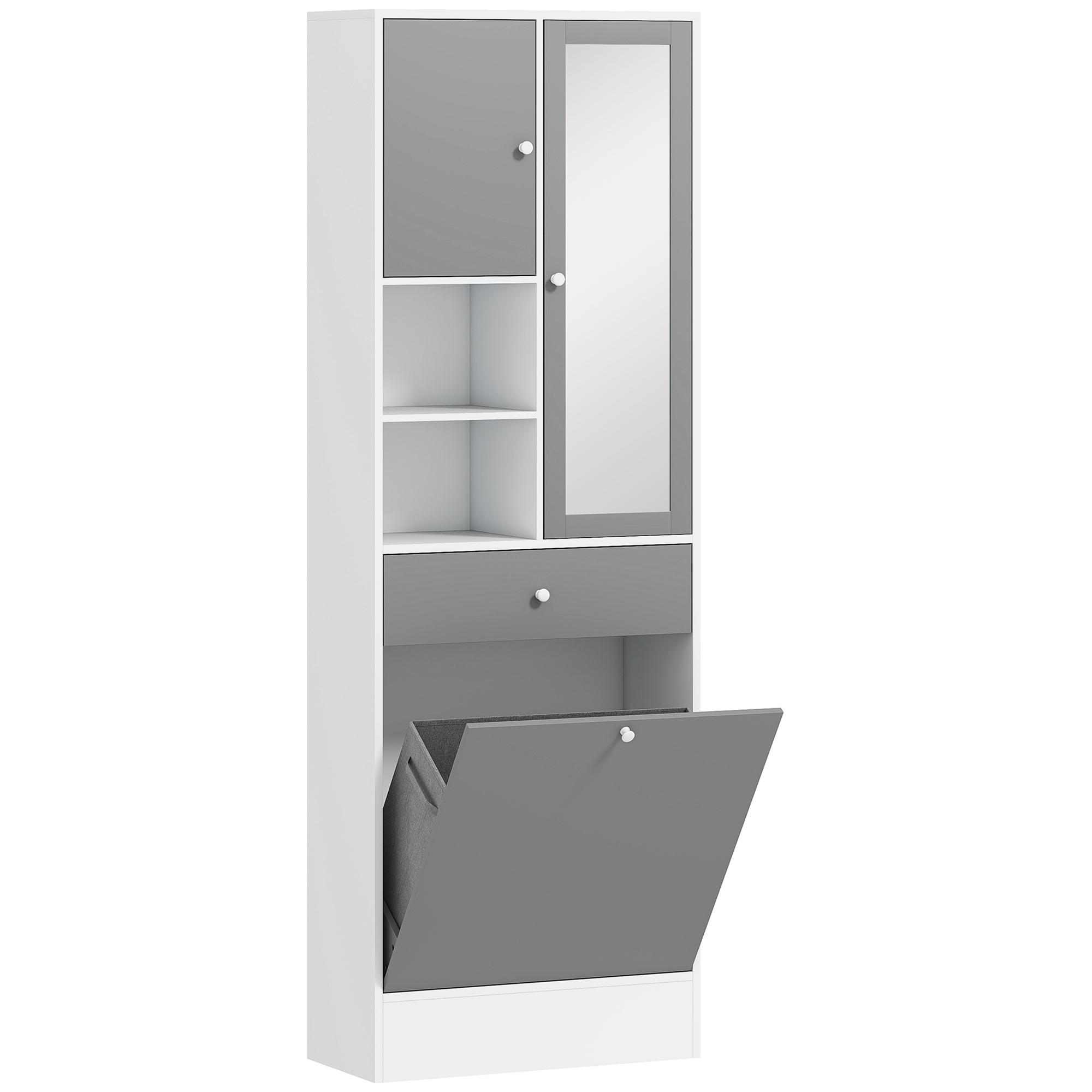 Armário de Casa de Banho com Cesto para Roupa Suja Espelho Gaveta e Prateleiras Ajustáveis 62x28,3x181 cm Branco e Cinza