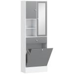Armário de Casa de Banho com Cesto para Roupa Suja Espelho Gaveta e Prateleiras Ajustáveis 62x28,3x181 cm Branco e Cinza