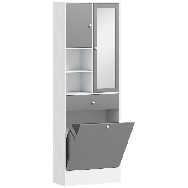 Armário de Casa de Banho com Cesto para Roupa Suja Espelho Gaveta e Prateleiras Ajustáveis 62x28,3x181 cm Branco e Cinza