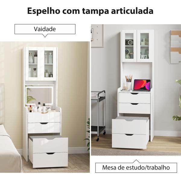 Toucador de Maquilhagem com Luzes LED de 3 Cores Espelho Rebatível e Banco Acolchoado 50x40x160 cm Branco