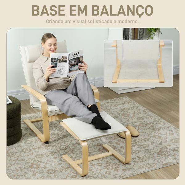 Poltrona com Otomano Poltrona de Leitura com Pernas de Madeira e Estofado em Linho 67x78x92 cm Creme