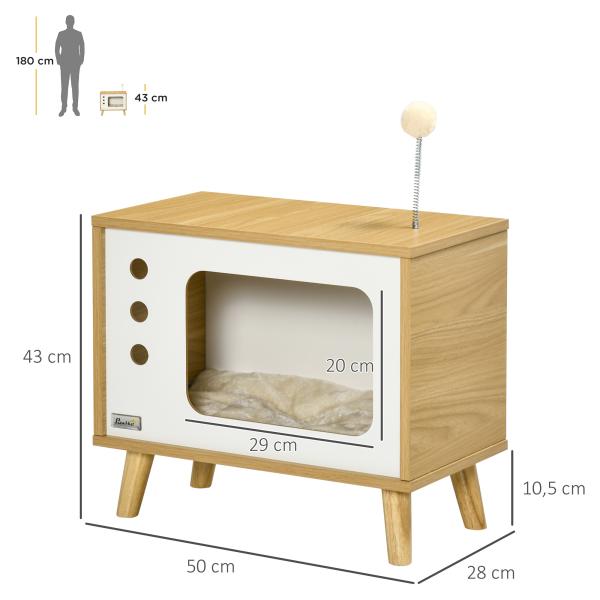 Mesa Auxiliar Casa para Gatos Estilo Televisor com Almofada Suave Lavável Bola e Pés Elevados 50x28x43cm Carvalho