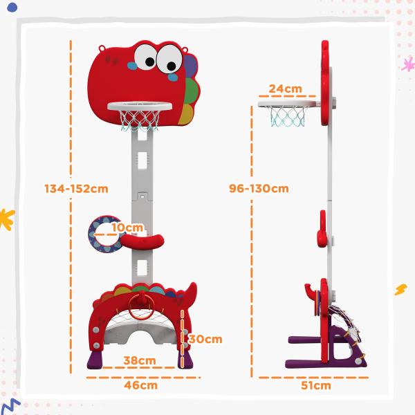 Tabela de Basquetebol 5 em 1 com Altura Ajustável Futebol Golf Aros Jogo de Lançamento 46x51x134 - 152 cm Vermelho