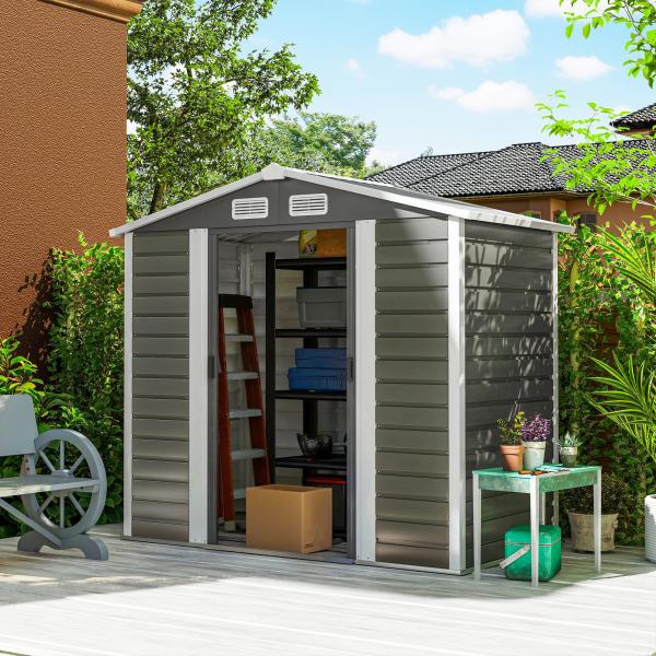 Abrigo de Jardim Exterior 2,36m² 213x120x194 cm com Base Reforçada (Piso NÃO Incluído) e Portas de Correr Cinza Escuro