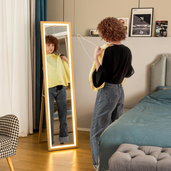 Espelho de Pé com Luz LED 40x160 cm Espelho de Corpo Inteiro com Iluminação de 3 Cores Tátil Função de Memória Madeira