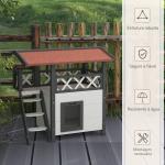 Casa para Gatos de Madeira 77x50x73cm Casa para Gatos com 2 Níveis com Teto Asfáltico Terraço Cercado Caverna e Escada Branco
